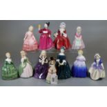 Collection of ten Royal Doulton bone china figurines of women, 'Bette', 'Tootles', etc. Together