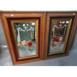 Pair of reverse etched and painted gypsy type mirrors in egg and dart moulded oak frames. Mirrors