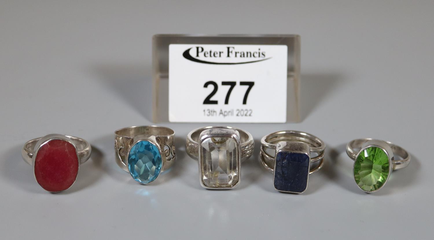 Five silver gemset rings all stamped, '925'. (B.P. 21% + VAT)