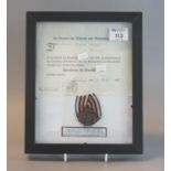 German WWI Cross of Honour with swords Willhelm Shulze dated 1935 framed and glazed. (B.P. 21% +