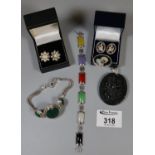 Collection of silver jewellery including a malachite bracelet, jade bracelet etc. (B.P. 21% + VAT)