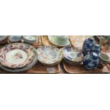 Two trays of Oriental china and pottery to include: blue and white lidded ginger jars decorated with