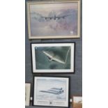Aviation interest after Coulson, 'Lancaster', coloured print. Framed photograph of a Vulcan at low