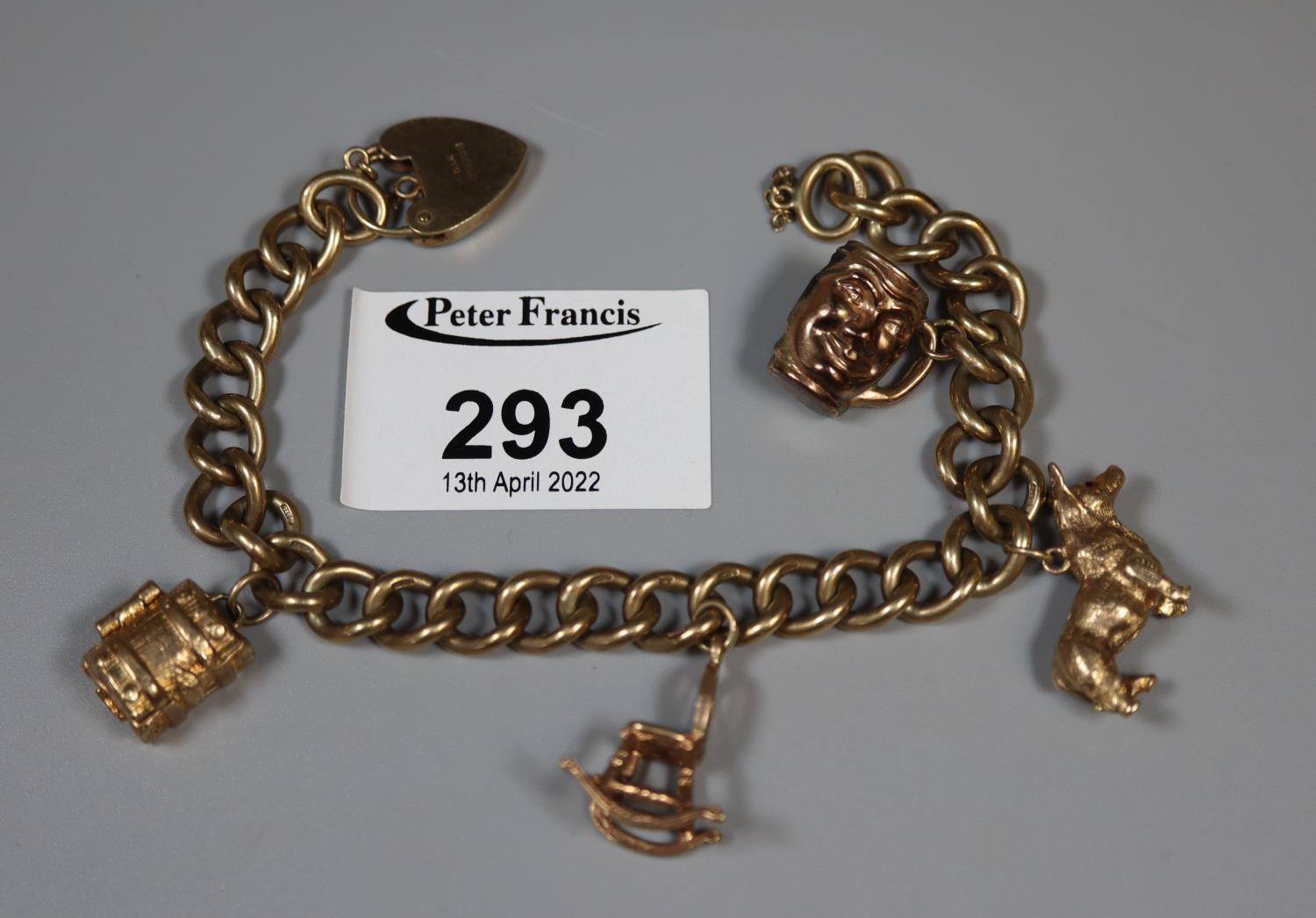 9ct gold charm bracelet with charms, including a rocking chair, corgi, treasure chest and