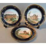 Set of three porcelain limoges cabinet plates, hand painted with architectural designs and with