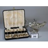 Set of six cased silver teaspoons. Sheffield hallmarks. 1.68oz troy. Together with a silver plated