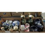 Two boxes of assorted china to include: green and gilt two-handled pedestal vases, a pair of