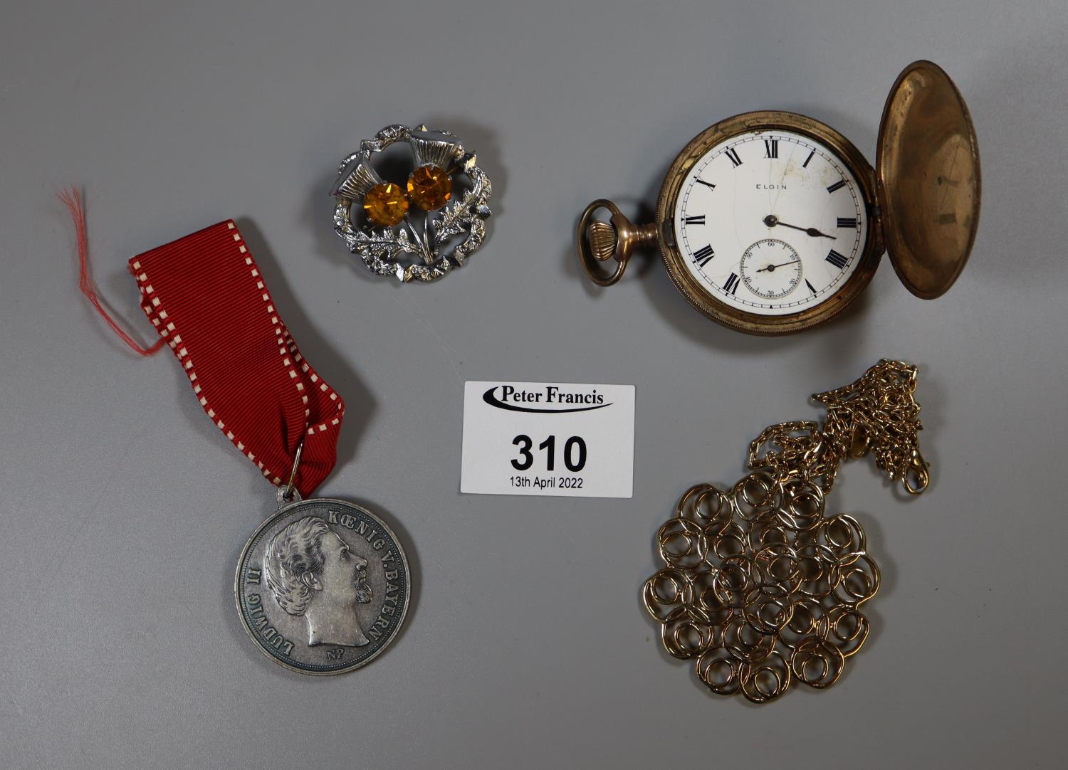 Yellow metal Elgin hunter pocket watch with foliate engraved face, a Ludwig II medal, a Scottish