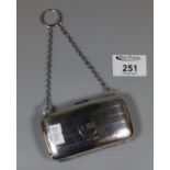 George V silver ladies purse with ring chain. Marked with initials E. B. H. Chester hallmarks, 1918.