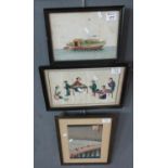 Two Chinese Paintings on Rice Paper, a Junk Style Vessel and various figures. 18x26cm approx and