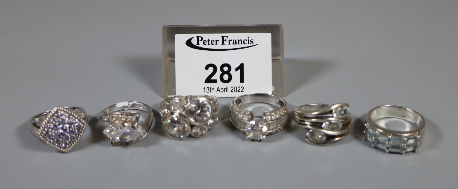 Six silver gemset rings. All stamped, '925'. (B.P. 21% + VAT)
