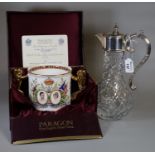 Silver plated cut glass Claret jug with star-cut base, together with a Paragon fine English bone