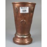 19th century copper gambling tavern beaker with coins and dice beneath a glass base. 19.5cm high