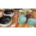 Two trays of pottery to include: nine sage coloured, unmarked pottery bowls, three short stemmed