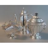 Collection of silver plate to include a lidded sugar scuttle and scoop, lion handled tea caddy,