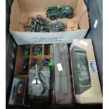 Box of mainly play worn die cast model vehicles to include military Dinky, boxed Corgi Morris Minor,