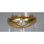 18ct gold diamond solitaire ring. The old cut diamond in gypsy setting. Ring size L&1/2. Approx