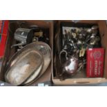 2 boxes of assorted metal ware and cutlery to include boxed bone handled knives , EPNS goblets and