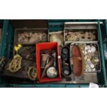 Box of oddments to include binoculars, various coins, finds from the Pembrokeshire fields, horse