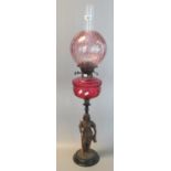 Early 20th century double oil burner lamp, having cranberry globular shade above a cranberry
