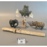 Mixed group of Oriental items to include Japanese tanto dagger, seated Japanese male figure,