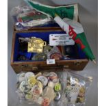 Wooden box containing assorted motorcycle ephemera to include brass and other badges, Norfolk,