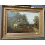 British school( indistinctly signed,) Hay making scene, oils on canvas. 51 x 77cm approximately. (