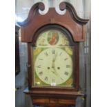 19th century eight day mahogany inlaid longcase clock having arch painted Roman face with seconds