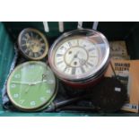 box of clock parts etc. Containing A Lyons of Abergavenny Clock Face and movement, a vintage green