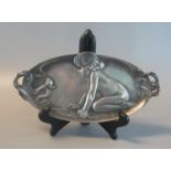 Art Nouveau pewter two-handled card or pin tray overall with a young girl kneeling near a snail.