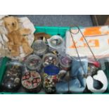 Box of assorted haberdashery items to include jars of buttons and beads, pieces of velvet and