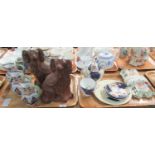 Two trays of assorted pottery and ceramics to include: bronzed effect Staffordshire dog and a