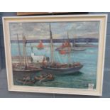 Phillip J Smith (20th century British), busy harbour scene with fishing smacks, oils on canvas. 50 x