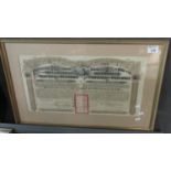 A Chinese Republic Share Certificate or Bond dated 1913, framed. (B.P. 21% + VAT)