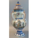 French faience tin glazed lidded vase having four handles, and hand painted with figures, flowers,