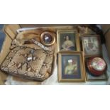An eclectic box containing a vintage snakeskin handbag (possibly 1950s/60s) in browns and cream with