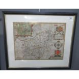 John Speede, Original hand coloured map of "Caermarden", Carmarthen, with vignettes and armorials ,