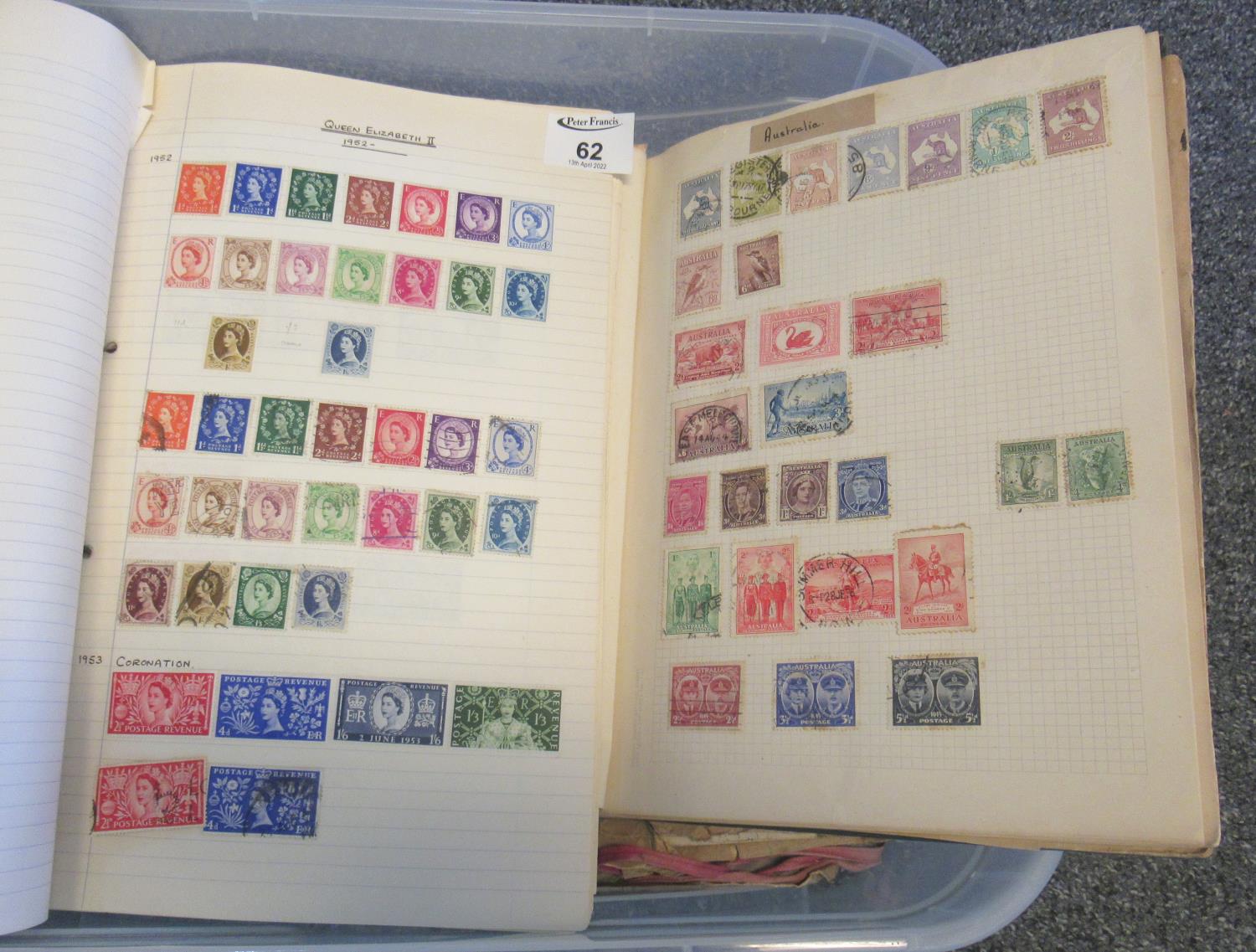 Plastic box with all world collection of stamps in albums, on pages, in packets, plus various