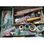 Box of assorted items to include vintage glass bottles, stone jars, vintage shoe cleaning set in a