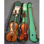 Two cased violins, one with a label marked 'Article Violin', made in the People's Republic of China,