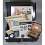 Metal strong box (with key) containing various silver and other coins, one with gold mount,