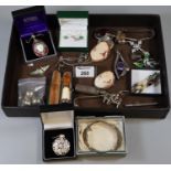 Box of assorted silver items to include a Charles Horner enamelled brooch, Alice Caviness pendant,