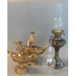 Two similar modern brass finish urn-shaped classical design lamp bases, together with an early