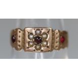 9ct gold engraved ring set with seed pearls and garnets. Cut. Approx weight 1.3 grams. (B.P. 21% +