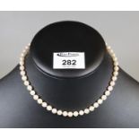 String of cultured pearls with 9ct gold pearl set clasp. (B.P. 21% + VAT)