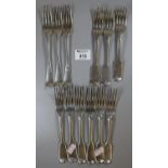 A set of six silver forks by Willian Eaton London 1817, together with three silver dinner forks by