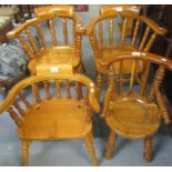 Pair of modern pitch pine child's smokers bow type armchairs together with another two modern pine