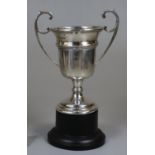 Small, silver two handled trophy cup on ebonised base, Sheffield hallmarks, 1.98oz troy approx. (B.