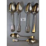 Four Georgian silver serving spoons and two later dessert spoons. Approx weight 12oz. (B.P. 21% +