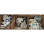 Three boxes of mainly china and glass to include dinner ware, jugs, Staffordshire flatback figure